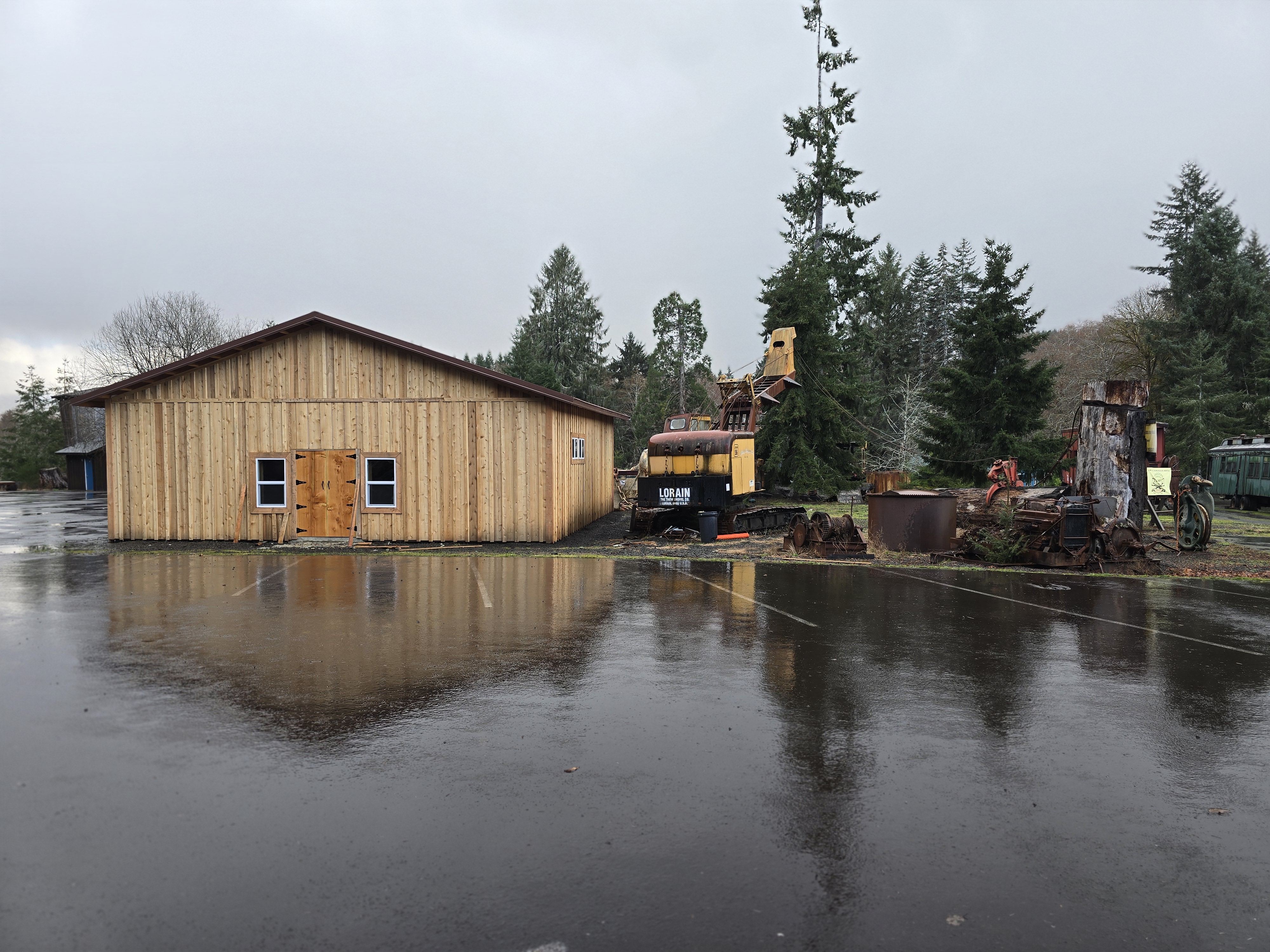Camp 18 Logging Museum archive building and vintage logging equipment