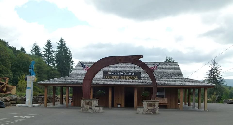Camp 18 Loggers Memorial entrance — saw blade arch