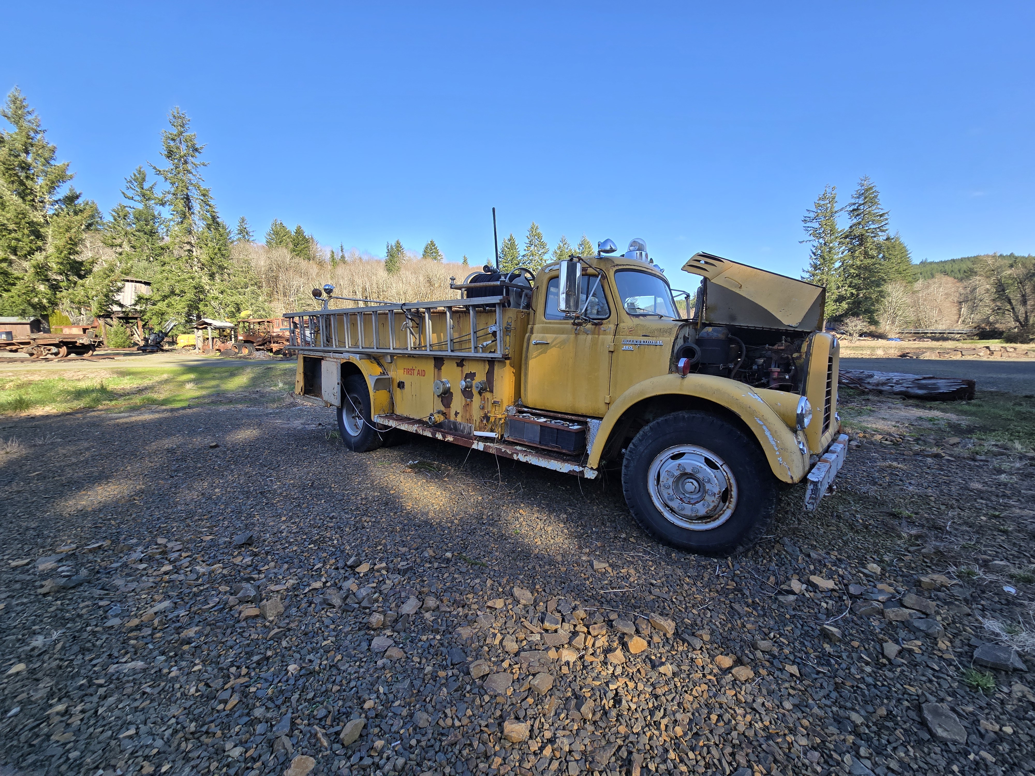 Yellow International fire and first aid truck